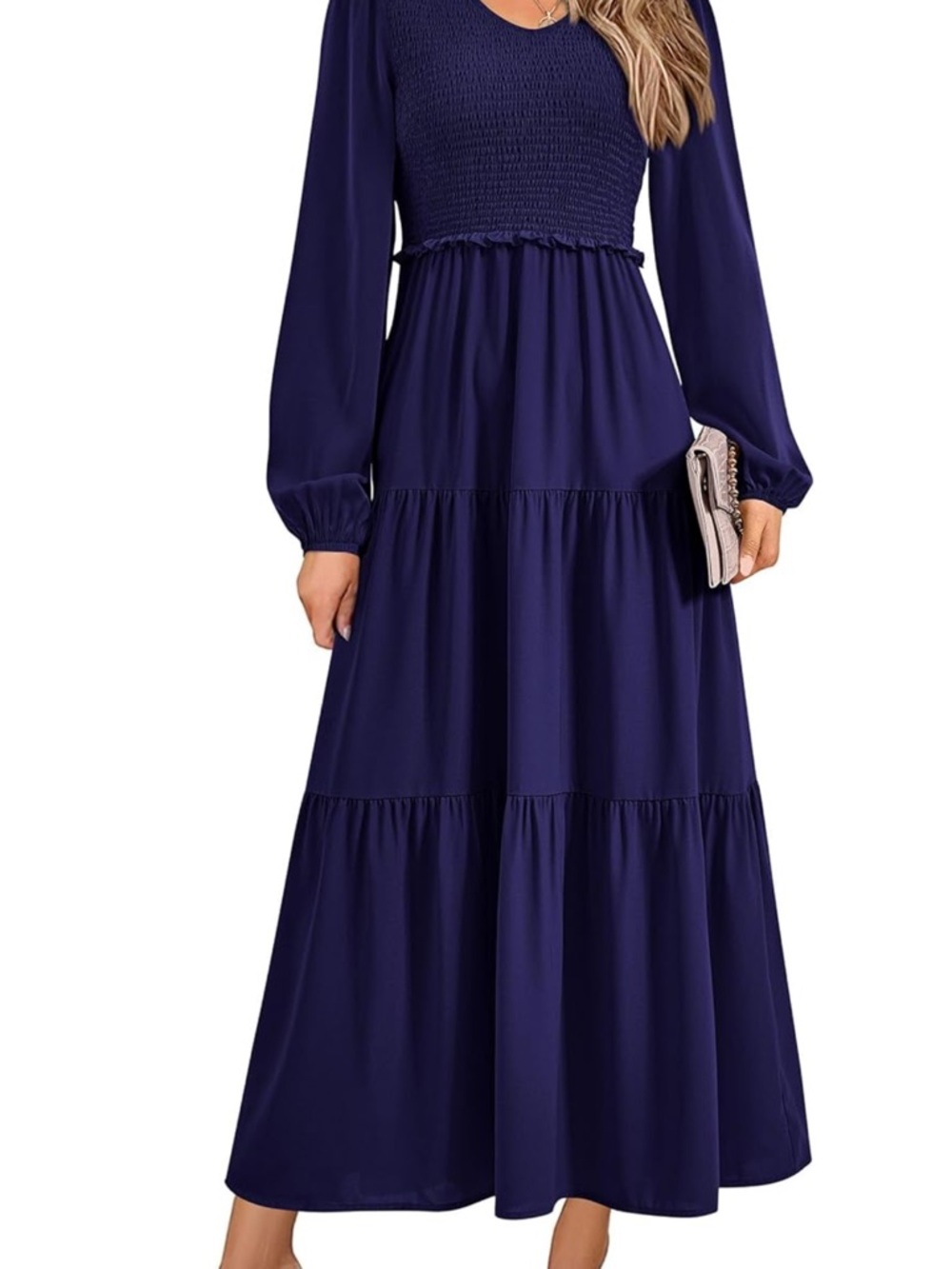 Pretty garden Long Sleeve Tiered Maxi Dress in Deep Navy
